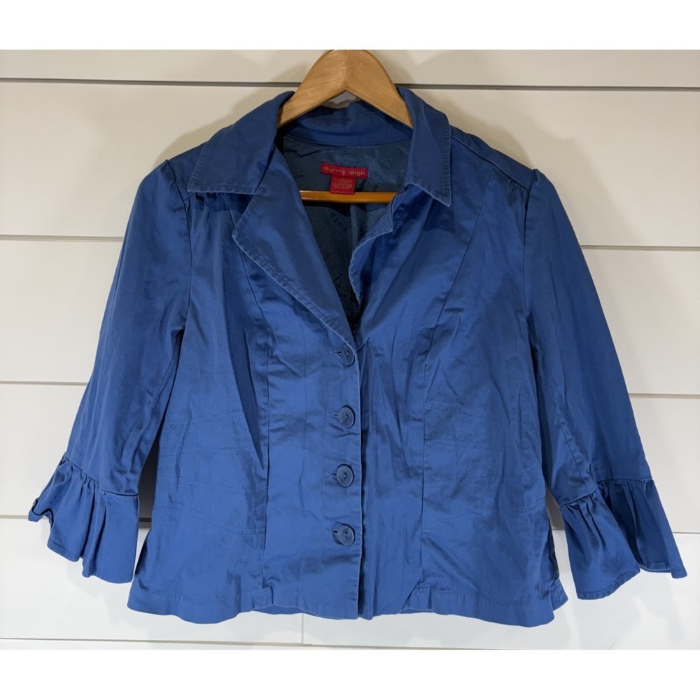 Sunny Leigh Blue Ruffled 3/4 Bell Sleeve Collared Button Up Blouse Size 8